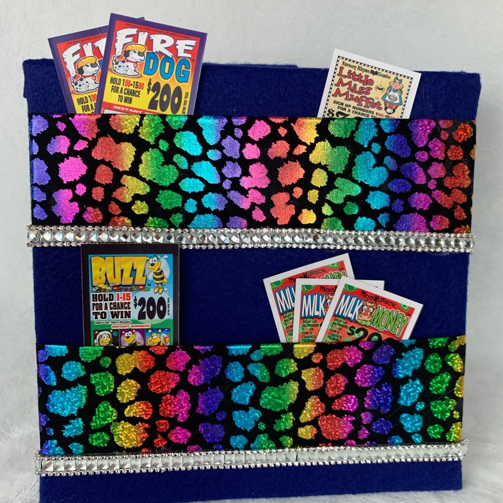 Handmade bingo pill tab, tip jar ticket holder caddy, rainbow leopard print